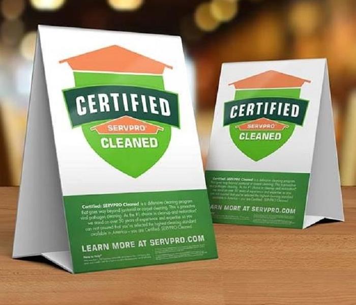 picture of our table top Certified: SERVPRO Cleaned logo